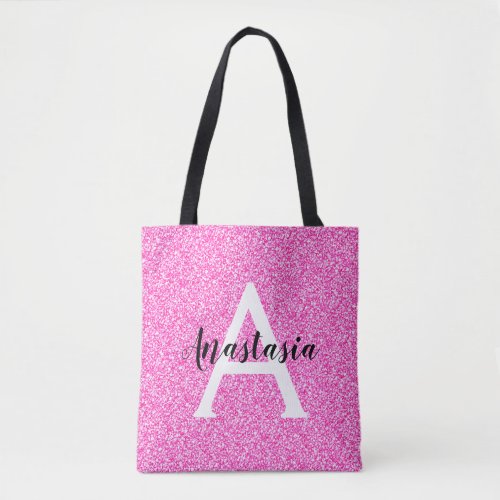 Girly Glam Hot Pink Glitter Sparkles Monogram Name Tote Bag