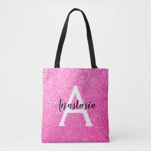 Girly Glam Hot Pink Glitter Sparkles Monogram Name Tote Bag