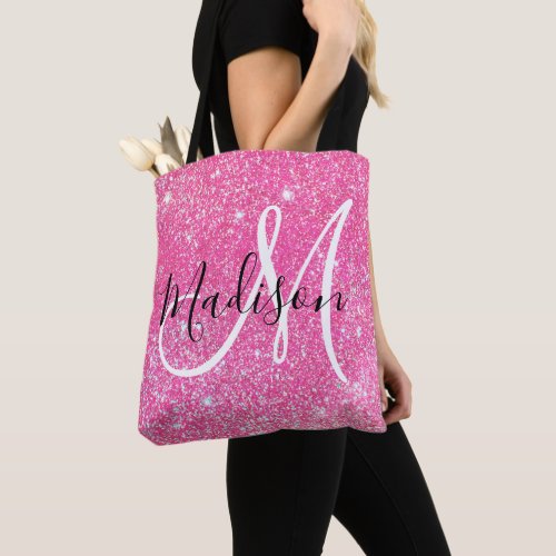 Girly Glam Hot Pink Glitter Sparkles Monogram Name Tote Bag
