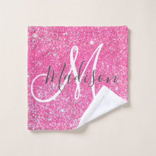 Girly Glam Hot Pink Glitter Sparkles Monogram Name Wash Cloth