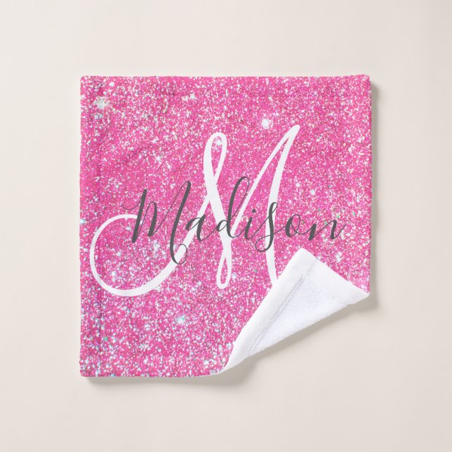 Girly Glam Hot Pink Glitter Sparkles Monogram Name Wash Cloth (Wash Cloth)