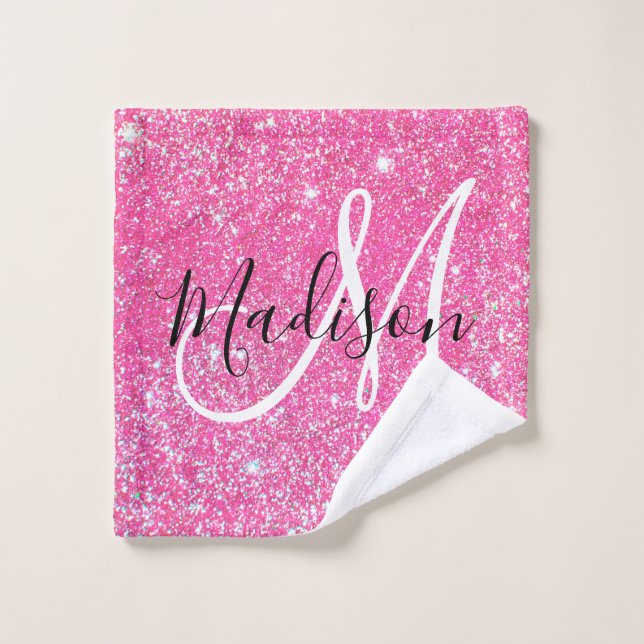 Girly Glam Hot Pink Glitter Sparkles Monogram Name Wash Cloth (Wash Cloth)