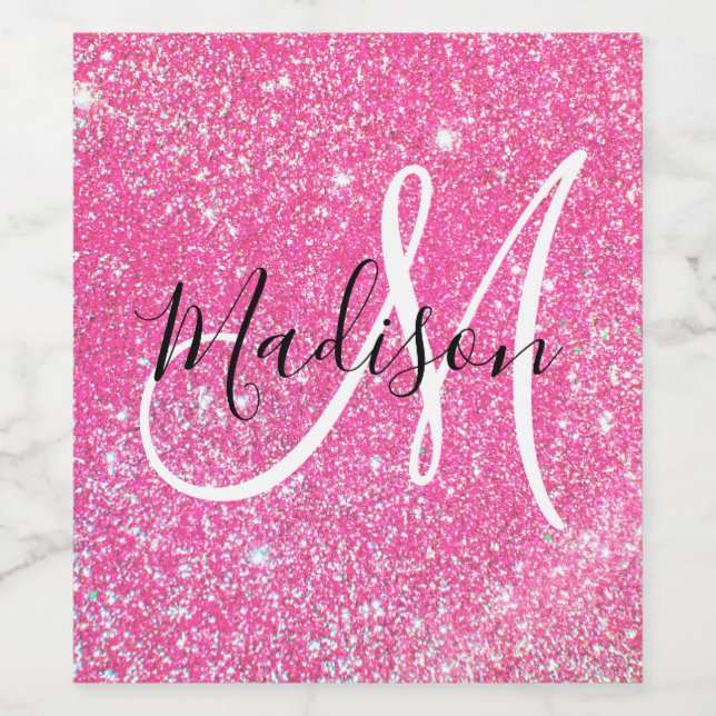 Girly Glam Hot Pink Glitter Sparkles Monogram Name Wine Label (Single Label)