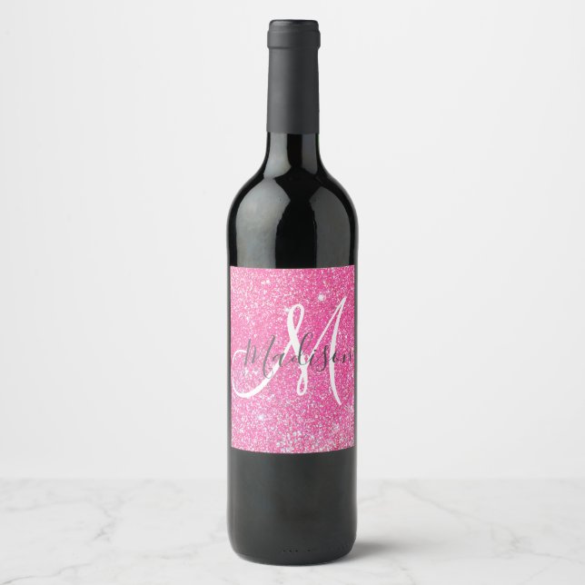 Girly Glam Hot Pink Glitter Sparkles Monogram Name Wine Label (Front)