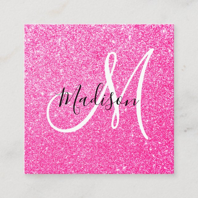 Girly & Glam Hot Pink Glitter Sparkles Monogram Square Business Card (Front)