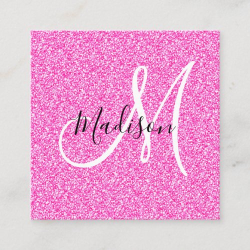 Girly  Glam Hot Pink Glitter Sparkles Monogram Square Business Card
