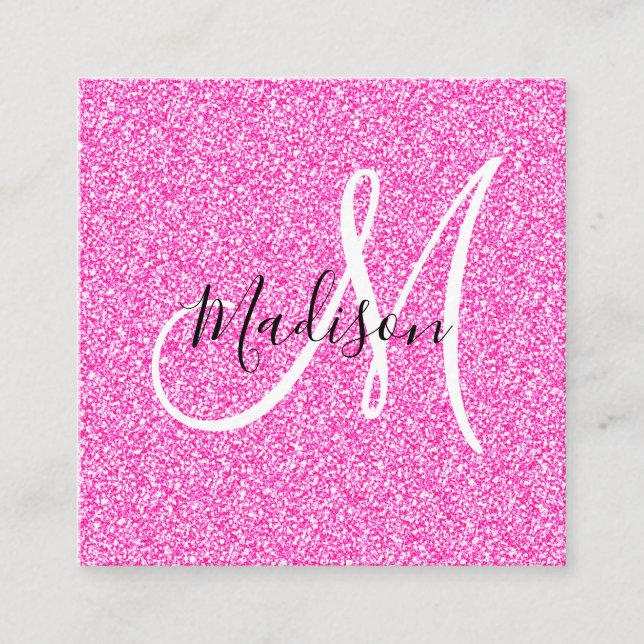 Girly & Glam Hot Pink Glitter Sparkles Monogram Square Business Card (Front)