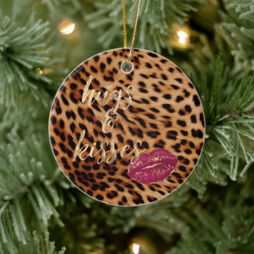 Girly Glam Leopard Hugs  Kisses Lips Ceramic Ornament