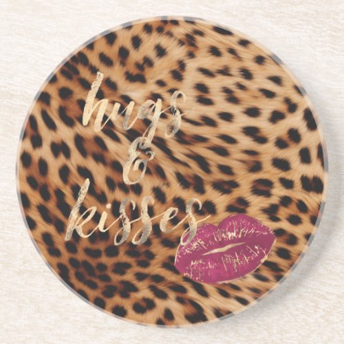 Girly Glam Leopard Hugs  Kisses Lips Coaster