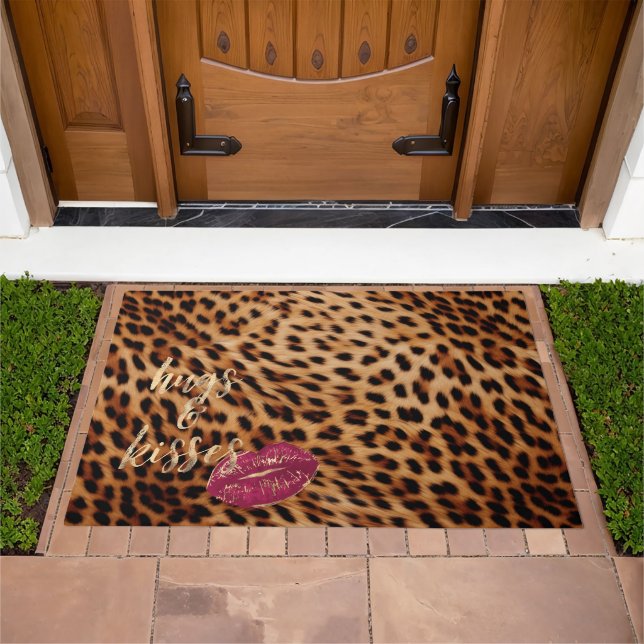 Girly Glam Leopard Hugs & Kisses Lips Doormat (Outdoor)