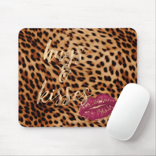 Girly Glam Leopard Hugs  Kisses Lips Mouse Pad