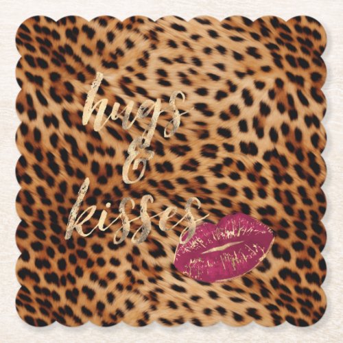 Girly Glam Leopard Hugs  Kisses Lips Paper Coaster