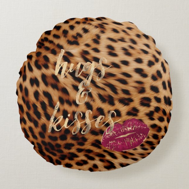 Girly Glam Leopard Hugs & Kisses Lips Round Pillow (Front)
