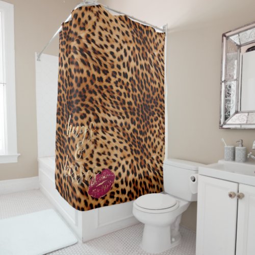 Girly Glam Leopard Hugs  Kisses Lips Shower Curtain