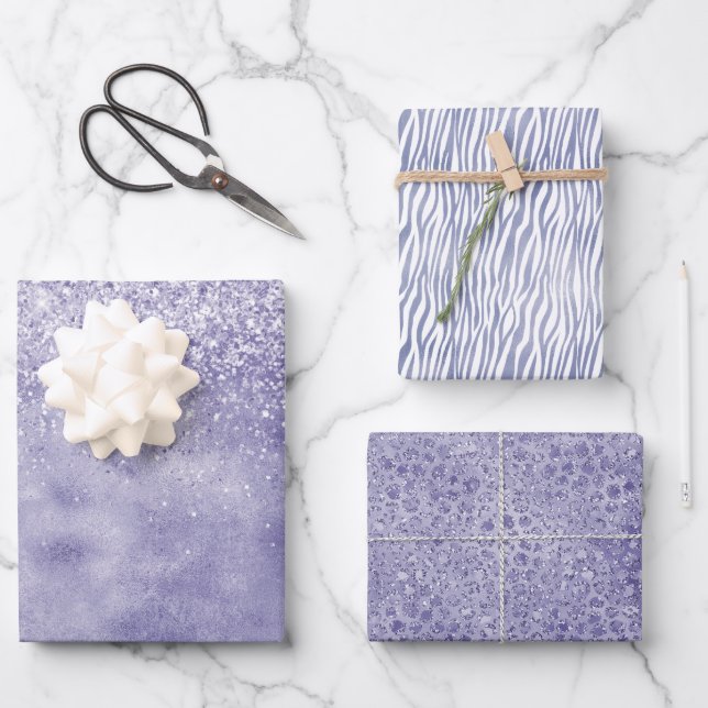 Girly Glam Lilac Purple Animal Print Glitter Wrapping Paper Sheets (Front)