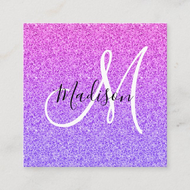 Girly & Glam Lilac Purple Glitter Ombre Monogram Square Business Card (Front)