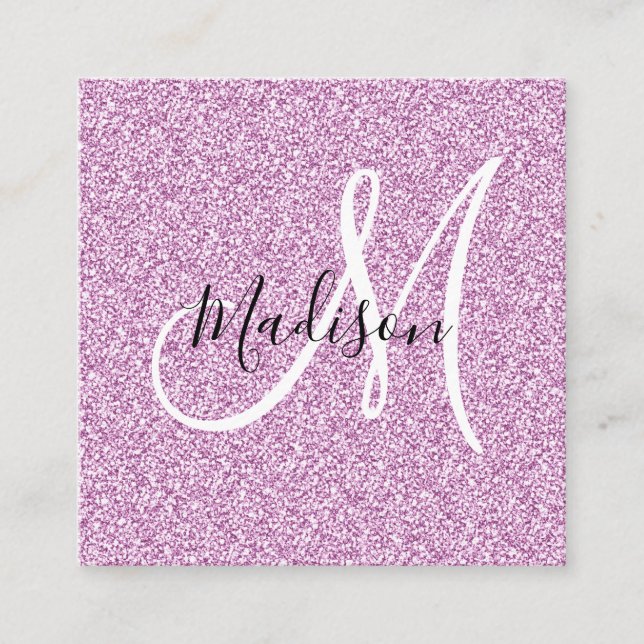 Girly & Glam Lilac Purple Glitter Sparkle Monogram Square Business Card (Front)