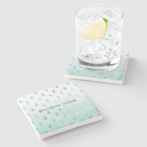 Girly Glam Mint Teal Aqua Tropical Pineapples Stone Coaster