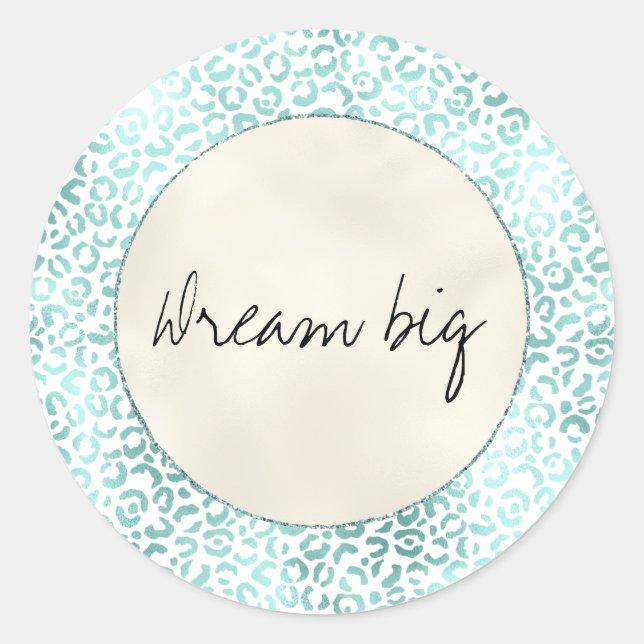 Girly Glam Mint White Cream Leopard Print Classic Round Sticker (Front)