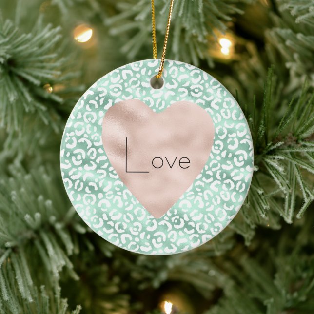 Girly Glam Mint White Leopard Print Blush Heart Ceramic Ornament (Tree)