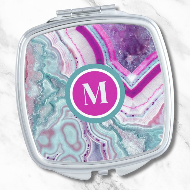 Girly Glam Modern Initial Monogram Compact Mirror (Chic Modern Teal Magenta Pink Agate Stone Monogram Compact Mirror)