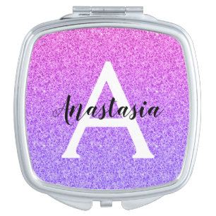 Girly Glam Ombre Purple Glitter Sparkles Monogram Compact Mirror