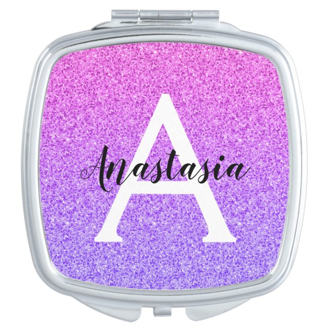 Girly Glam Ombre Purple Glitter Sparkles Monogram Compact Mirror (Front)