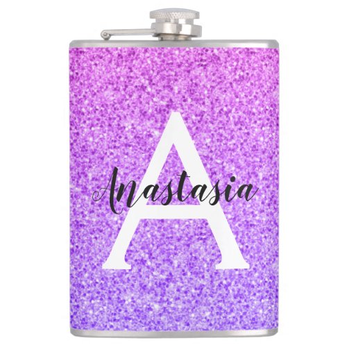 Girly Glam Ombre Purple Glitter Sparkles Monogram Flask