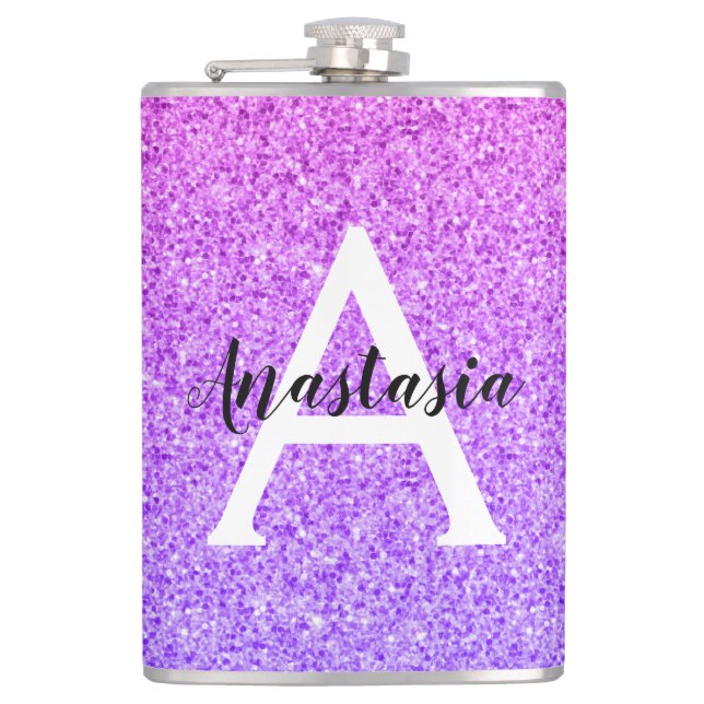 Girly Glam Ombre Purple Glitter Sparkles Monogram Flask (Front)