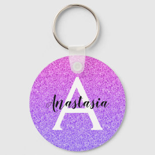 Girly Glam Ombre Purple Glitter Sparkles Monogram Keychain