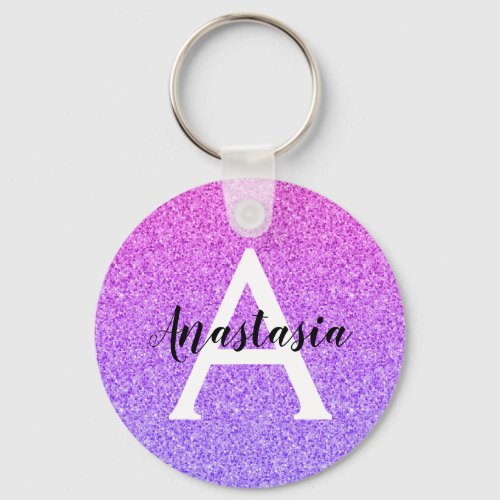 Girly Glam Ombre Purple Glitter Sparkles Monogram Keychain