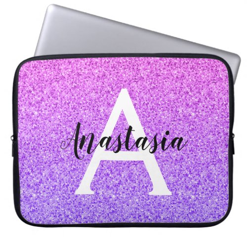 Girly Glam Ombre Purple Glitter Sparkles Monogram Laptop Sleeve