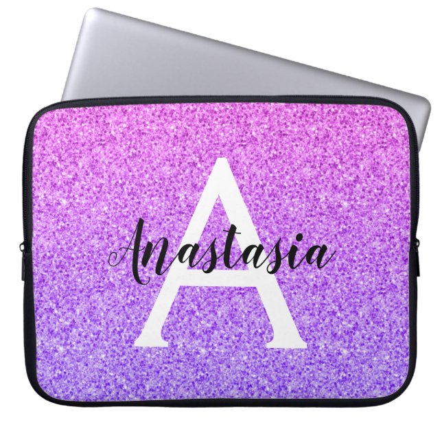 Girly Glam Ombre Purple Glitter Sparkles Monogram Laptop Sleeve (Front)