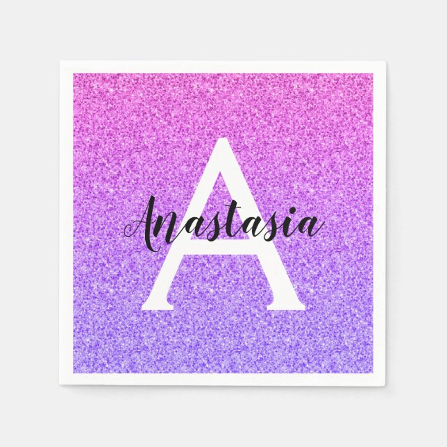 Girly Glam Ombre Purple Glitter Sparkles Monogram Napkins (Front)