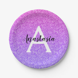 Girly Glam Ombre Purple Glitter Sparkles Monogram Paper Plates