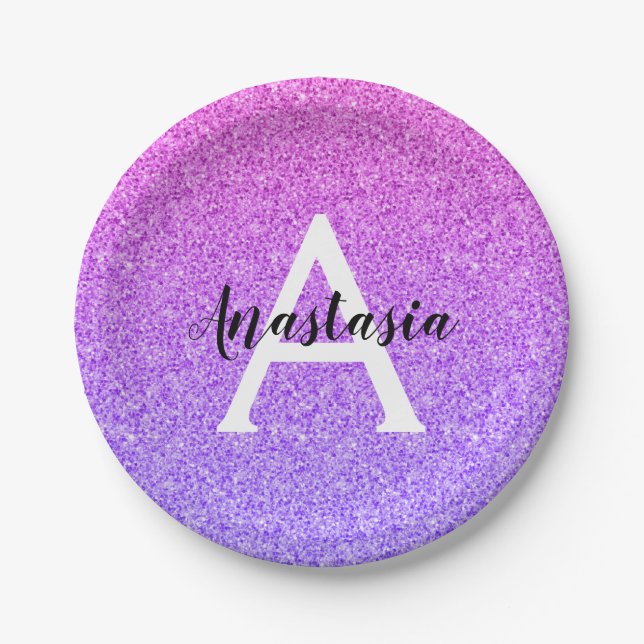 Girly Glam Ombre Purple Glitter Sparkles Monogram Paper Plates (Front)