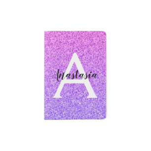 Girly Glam Ombre Purple Glitter Sparkles Monogram Passport Holder