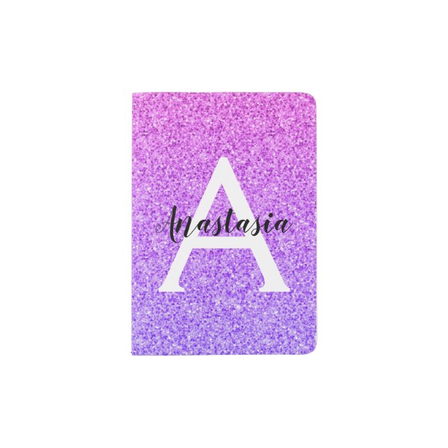 Girly Glam Ombre Purple Glitter Sparkles Monogram Passport Holder (Front)