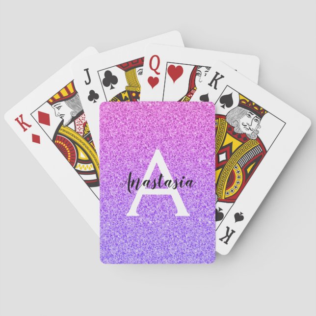 Girly Glam Ombre Purple Glitter Sparkles Monogram Poker Cards (Back)