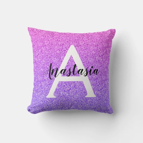 Girly Glam Ombre Purple Glitter Sparkles Monogram Throw Pillow