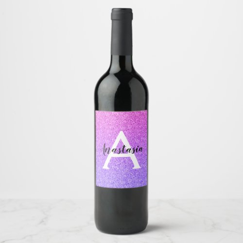 Girly Glam Ombre Purple Glitter Sparkles Monogram Wine Label
