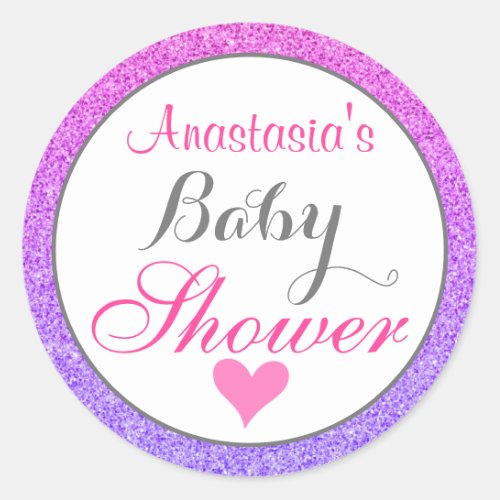 Girly  Glam Ombre Purple Pink Glitter Baby Shower Classic Round Sticker