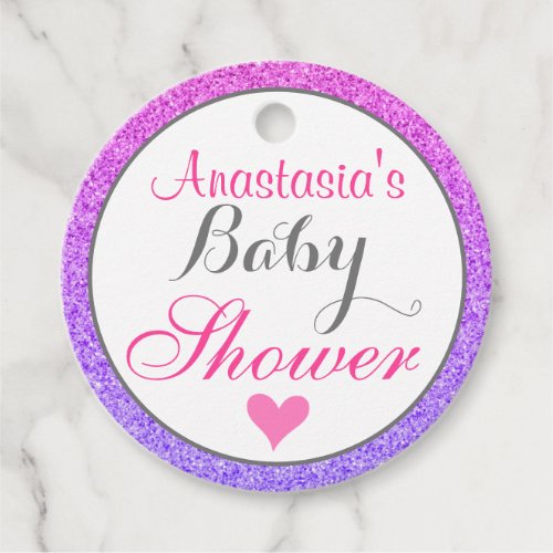 Girly  Glam Ombre Purple Pink Glitter Baby Shower Favor Tags