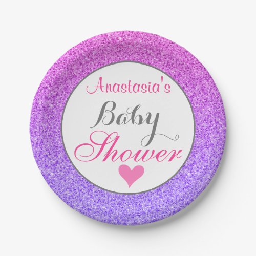 Girly  Glam Ombre Purple Pink Glitter Baby Shower Paper Plates