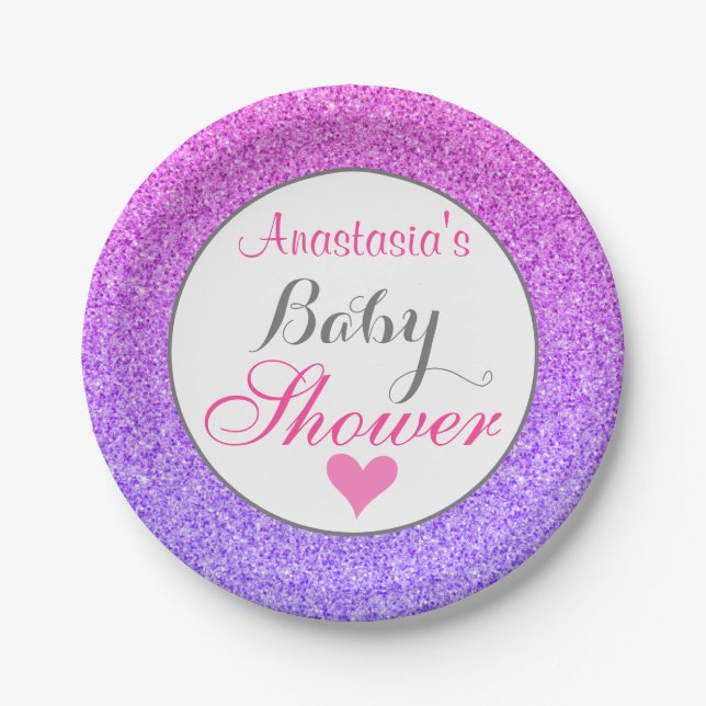 Girly & Glam Ombre Purple Pink Glitter Baby Shower Paper Plates (Front)
