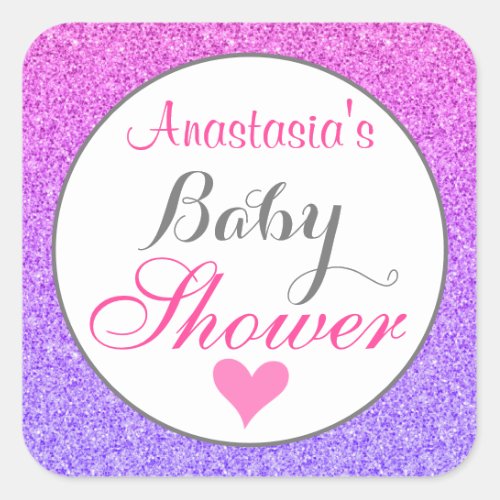 Girly  Glam Ombre Purple Pink Glitter Baby Shower Square Sticker