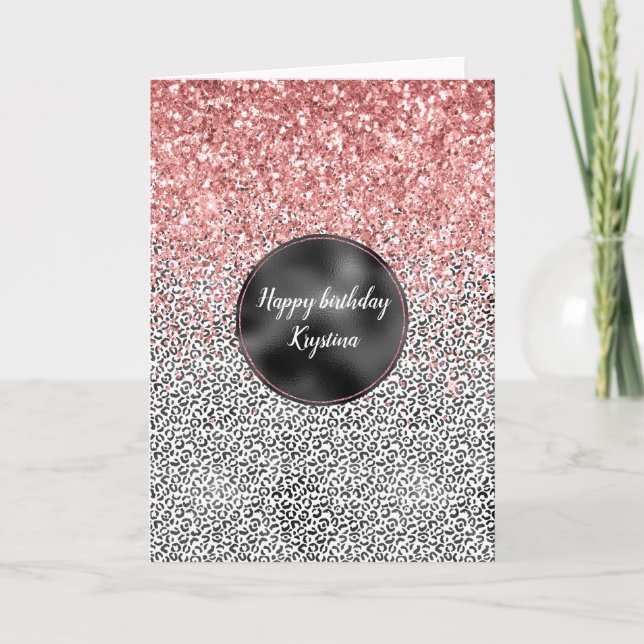 Girly Glam Pink Black White Leopard Print Glitter Card (Front)