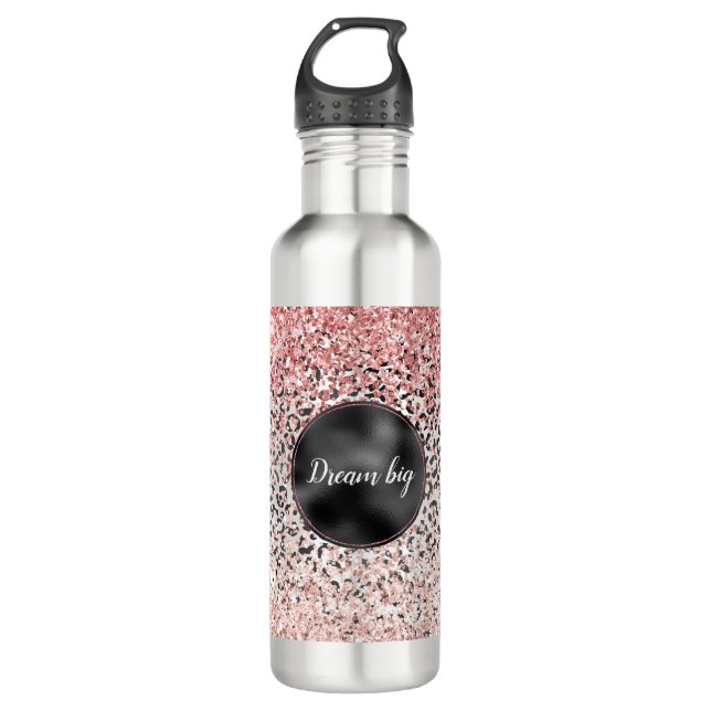 Girly Glam Pink Black White Leopard Print Glitter Stainless Steel Water Bottle (Front)