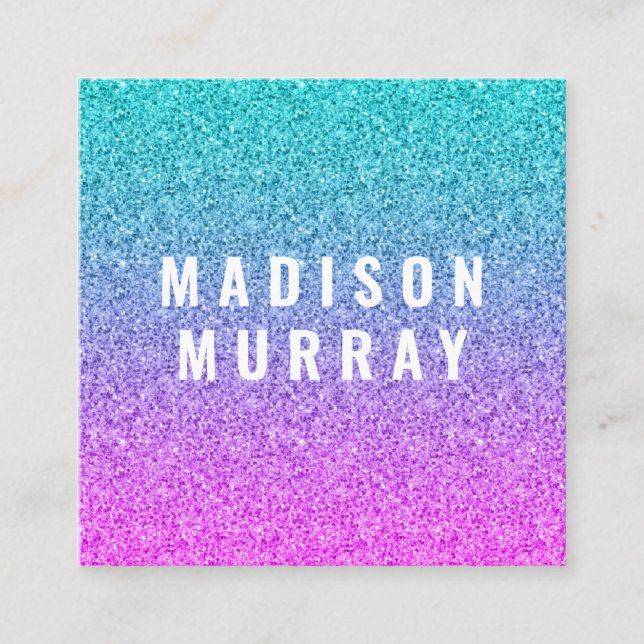 Girly Glam Pink Blue Purple Glitter Ombre Monogram Square Business Card (Front)