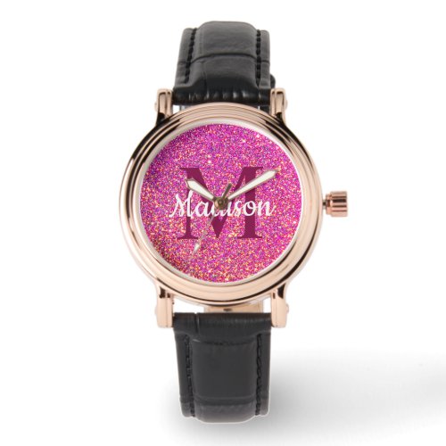 Girly Glam Pink Glitter Chic Monogram Name Watch